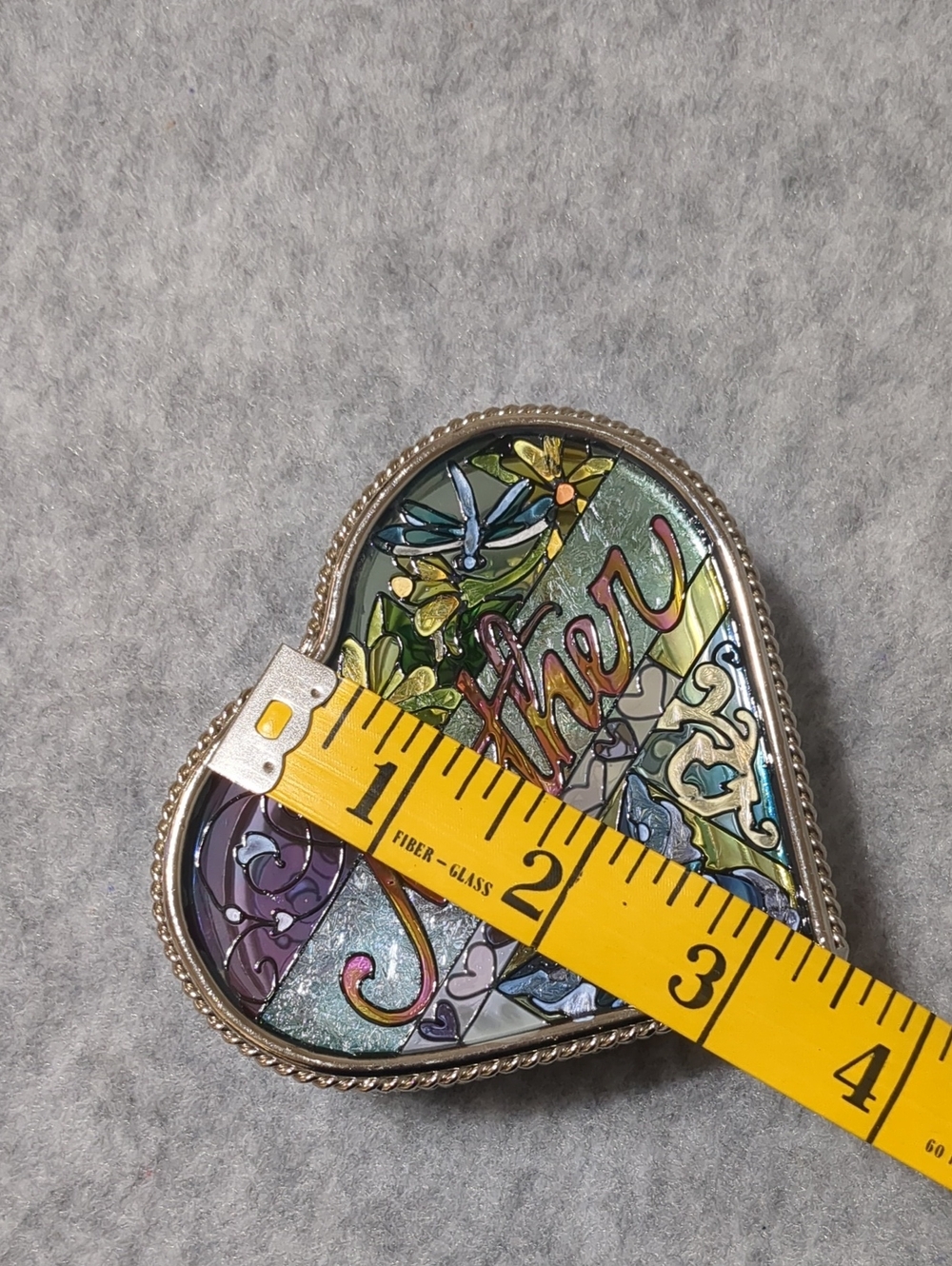 Amia Heart Shaped "Mother" Jewelry Trinket Box Hinged Hand Painted Stained Glass - Picture 8 of 9